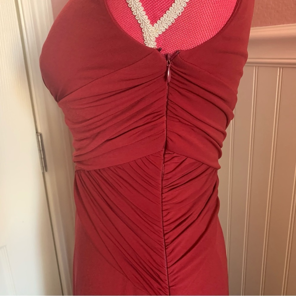 Red Stretchy Nylon Formal Gown with Gathered Waist, roughly size M - Picture 6 of 8